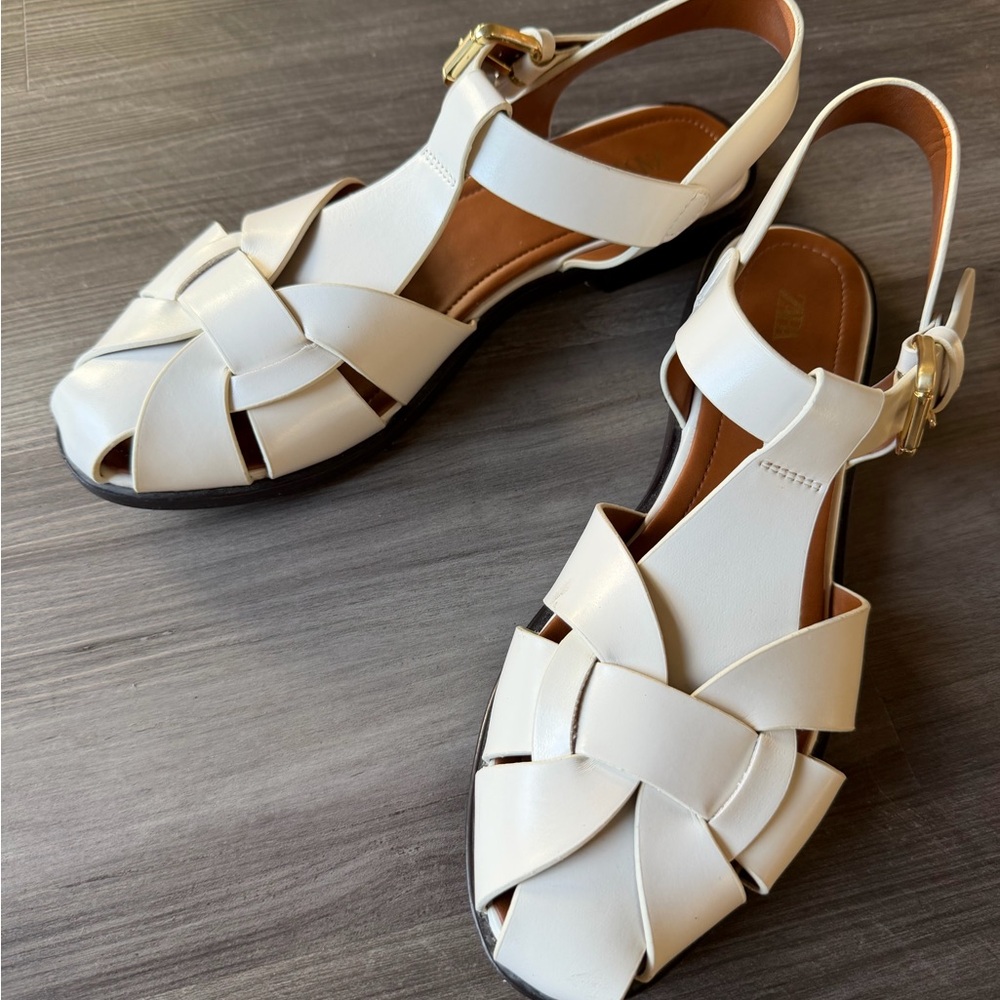 Zara White Women's Sandals with gold buckle, size 40, US 9.5-10